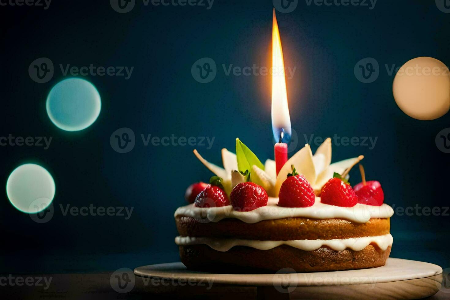 a birthday cake with a lit candle. AI-Generated photo