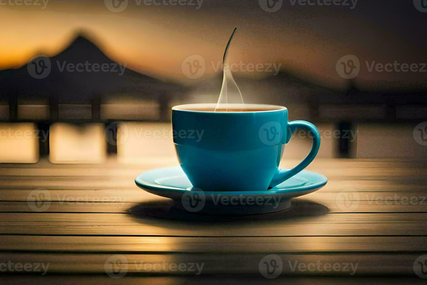 a cup of coffee on a wooden table with a view of the sunset. AI-Generated photo