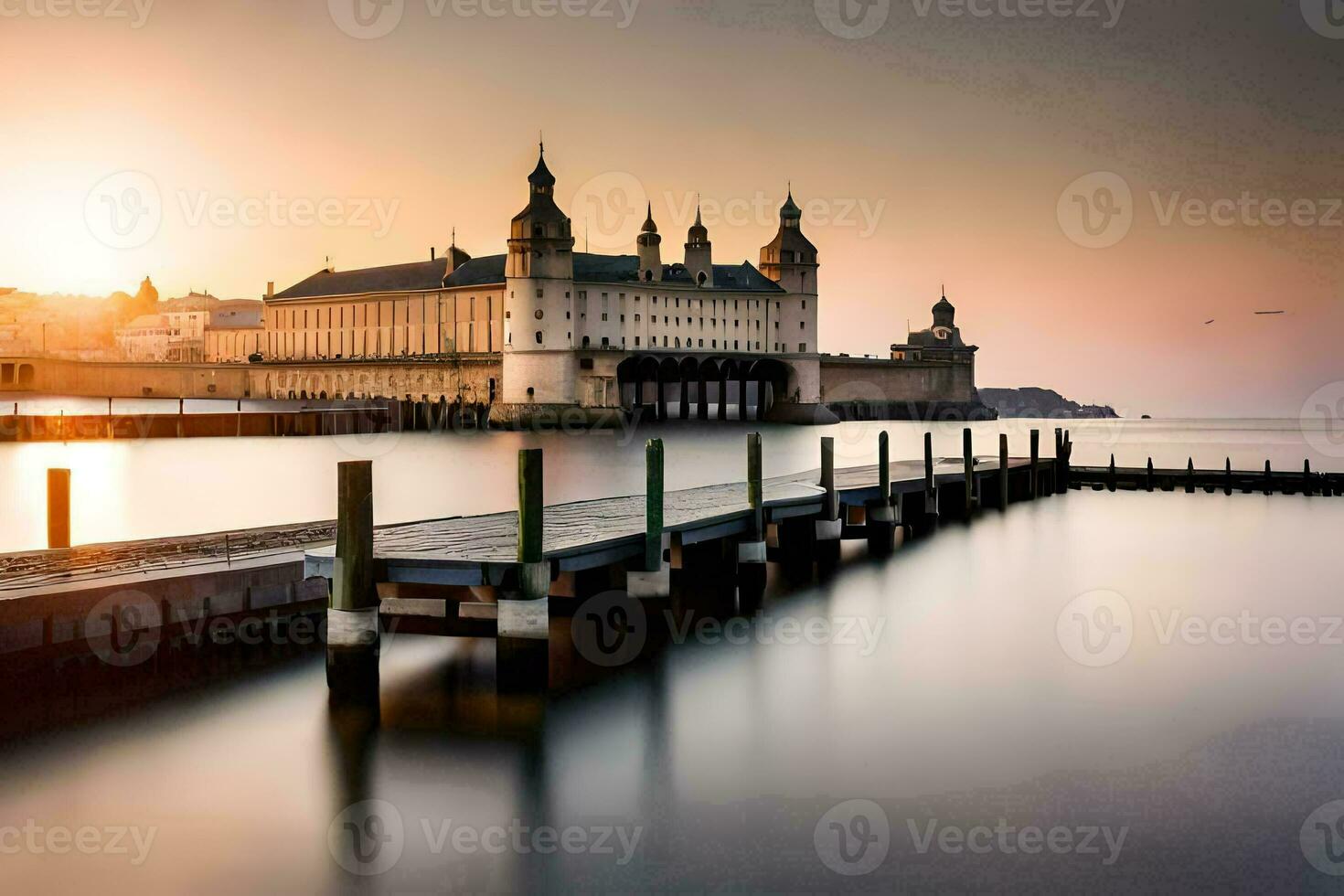 a long exposure photo of a pier and a castle. AI-Generated