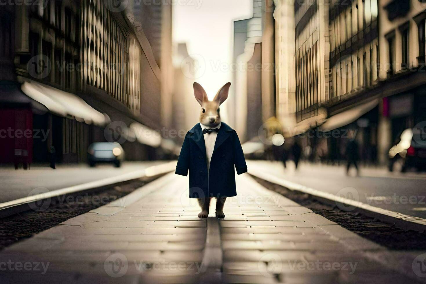 a rabbit in a suit and tie standing on a street. AI-Generated photo