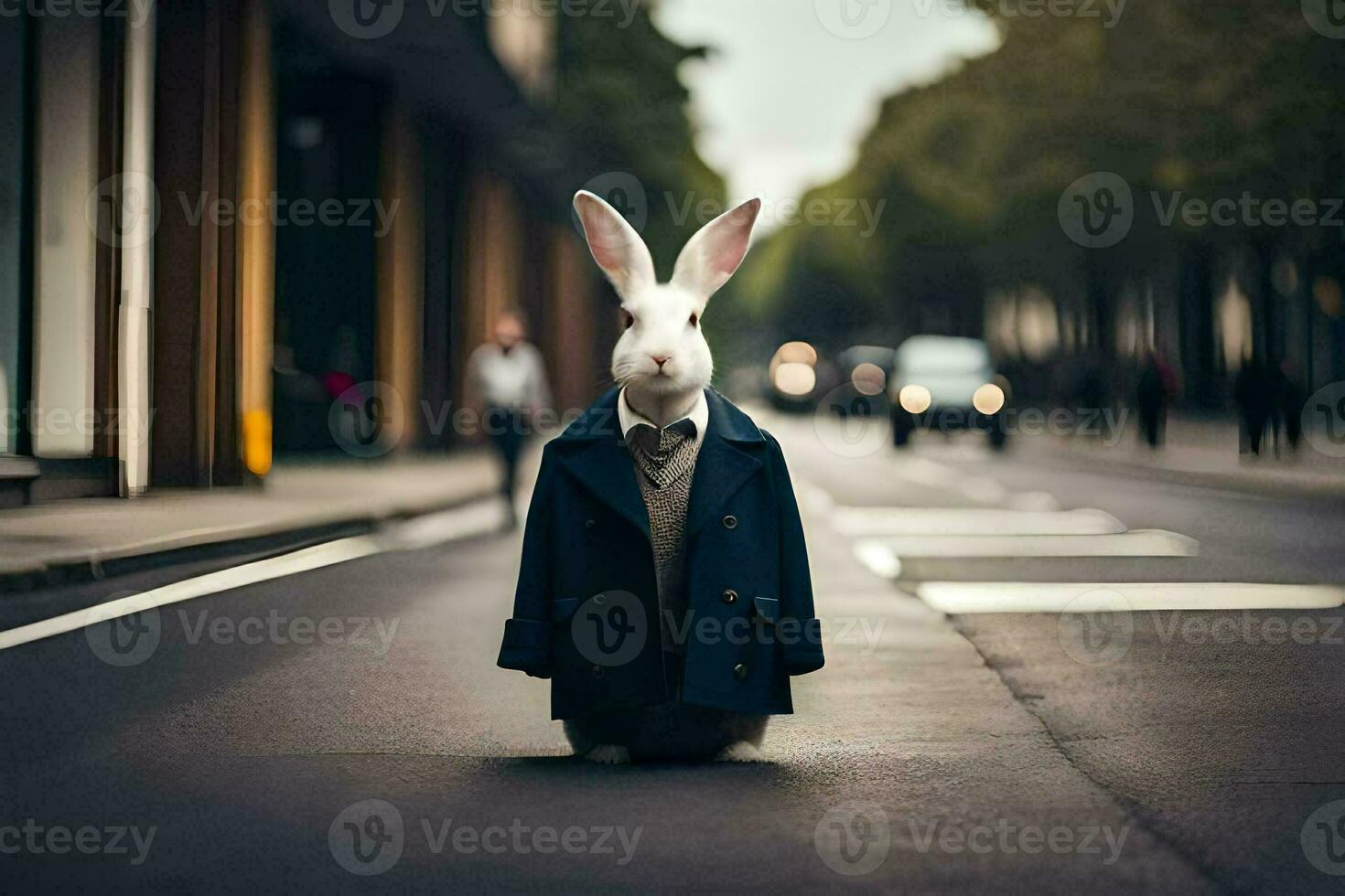 a rabbit dressed in a suit and tie standing on the street. AI-Generated photo