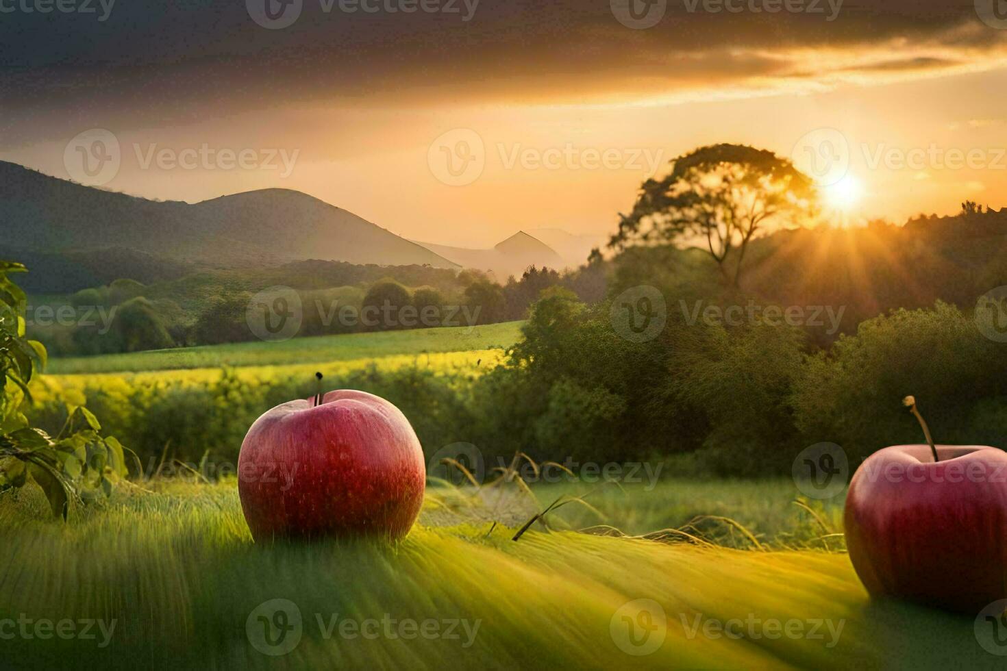 two apples are sitting in the grass at sunset. AI-Generated photo