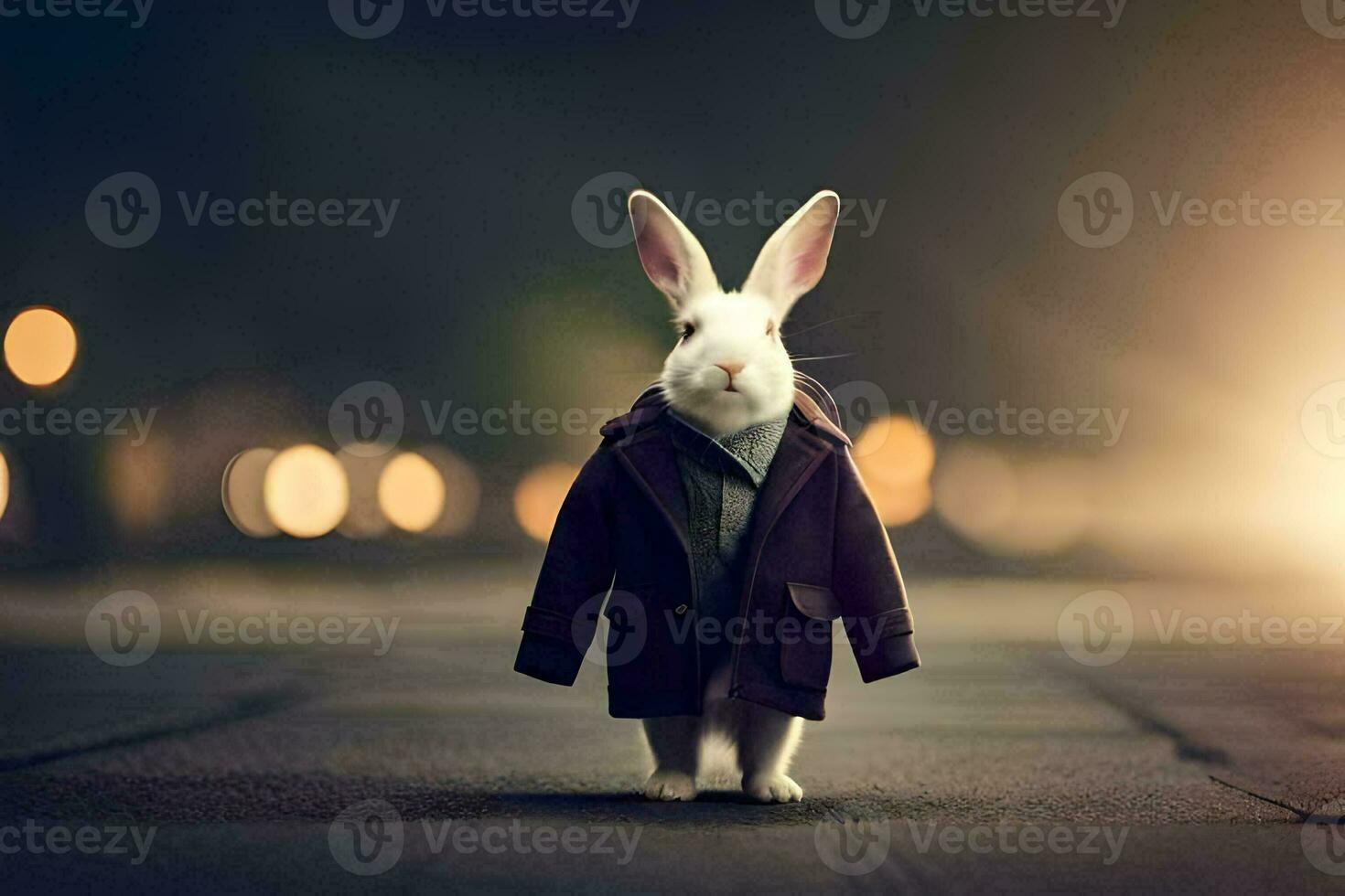 a rabbit wearing a coat and tie standing on a street. AI-Generated photo