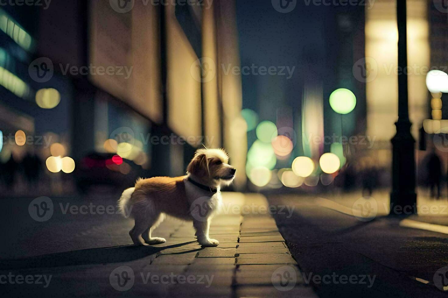 a dog is standing on the street at night. AI-Generated photo