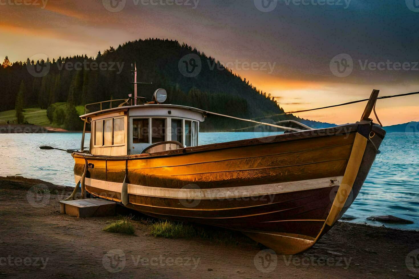 a boat sits on the shore at sunset. AI-Generated photo