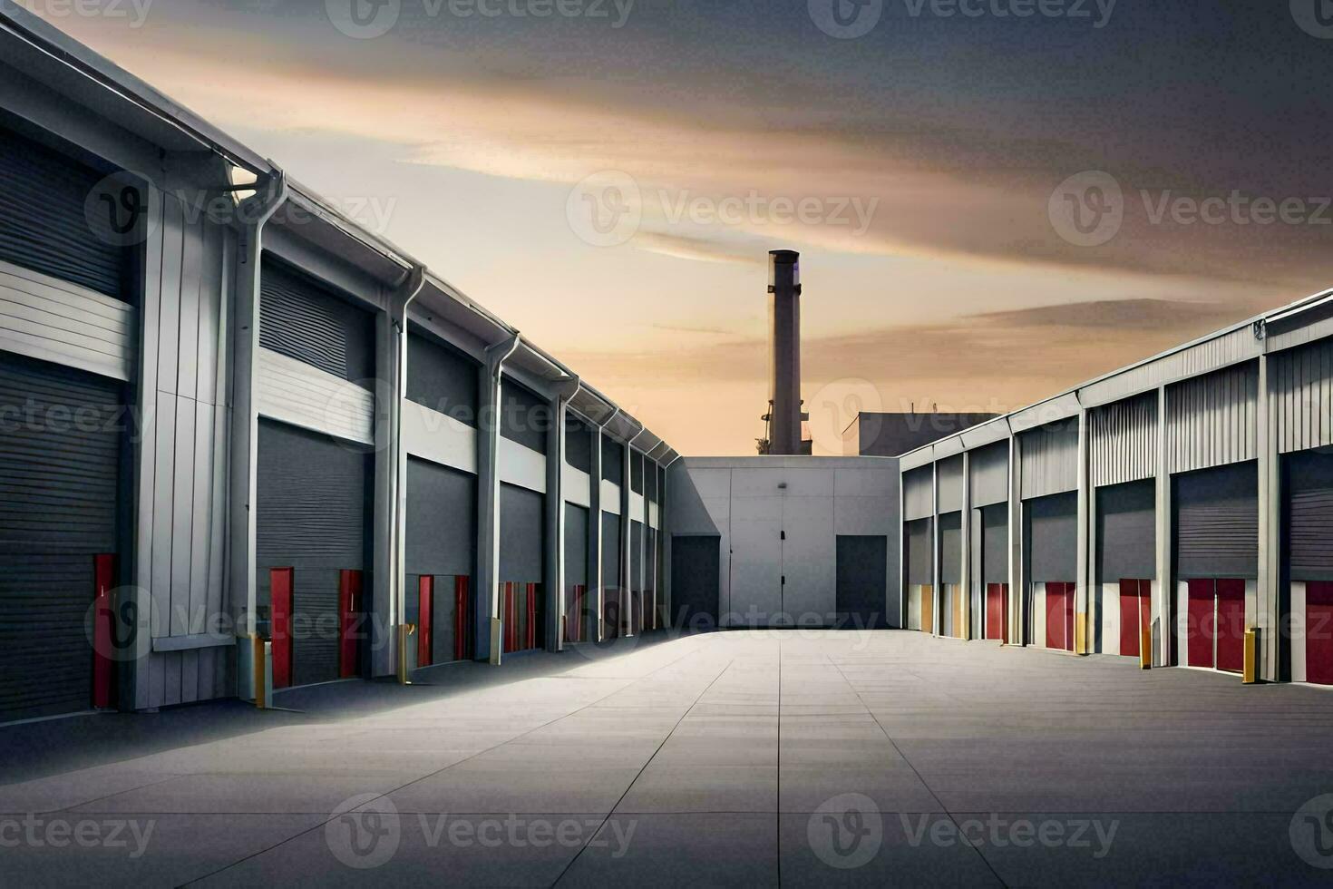 a large warehouse with a large building in the background. AI-Generated photo