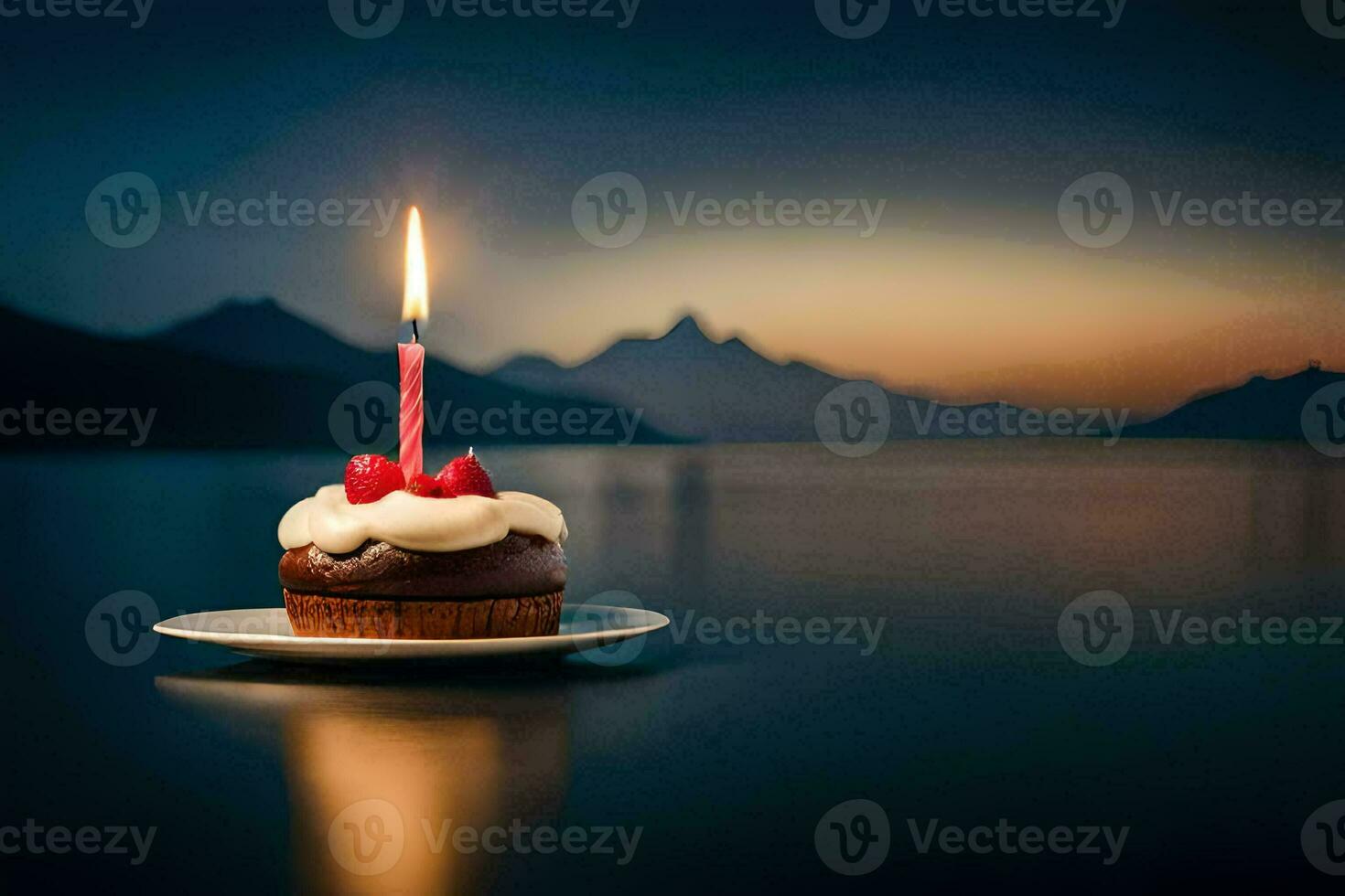 a cupcake with a lit candle on top of a plate. AI-Generated photo