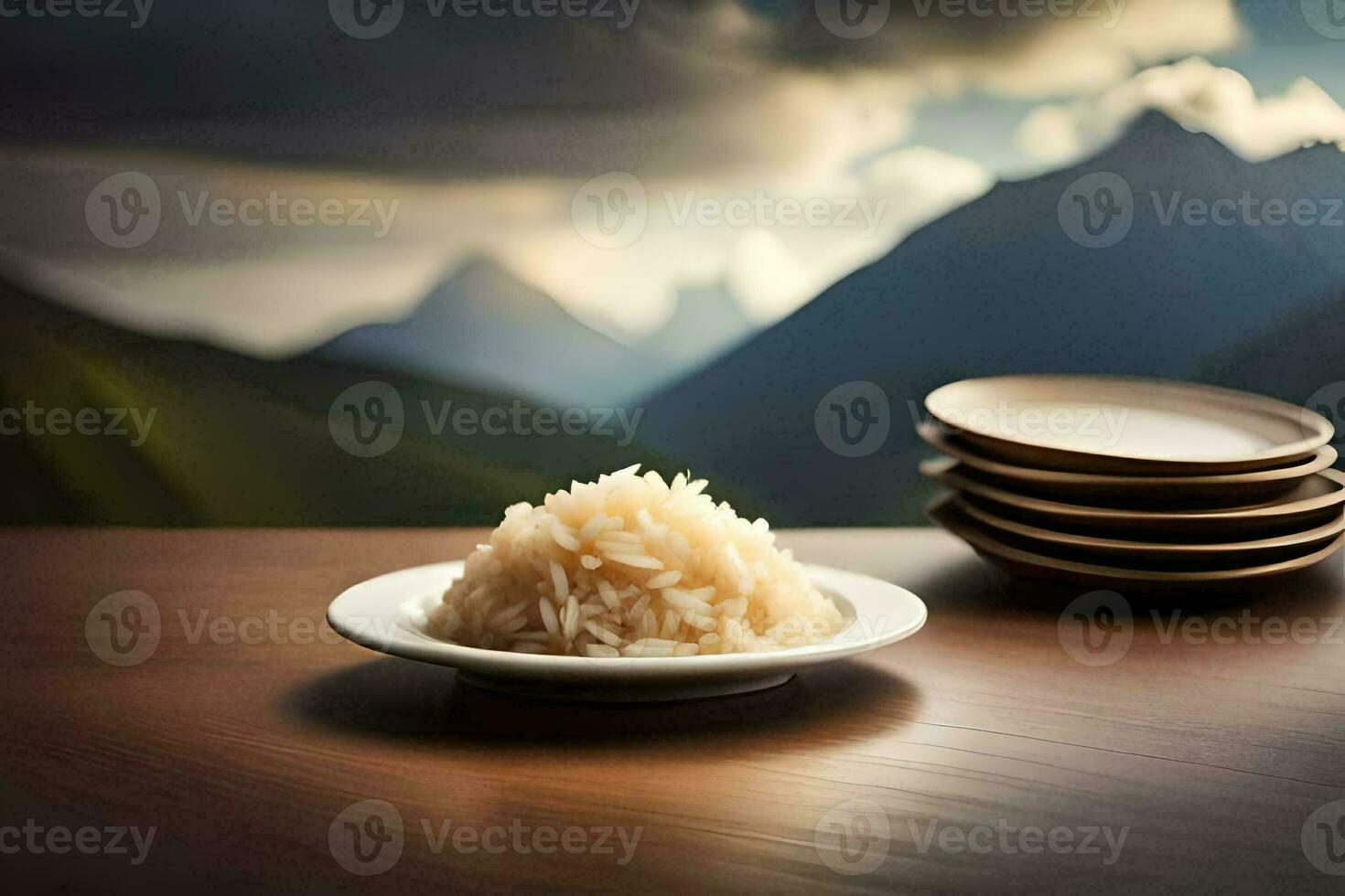 a plate of rice on a table in front of mountains. AI-Generated photo