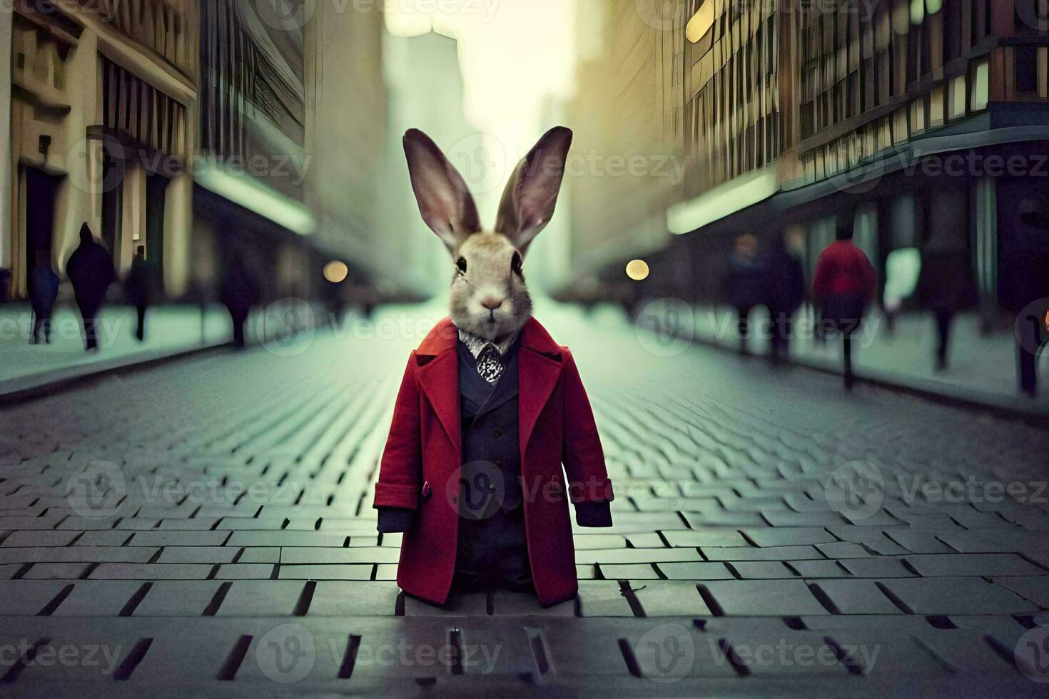 a rabbit wearing a red coat and tie standing on a street. AI-Generated photo