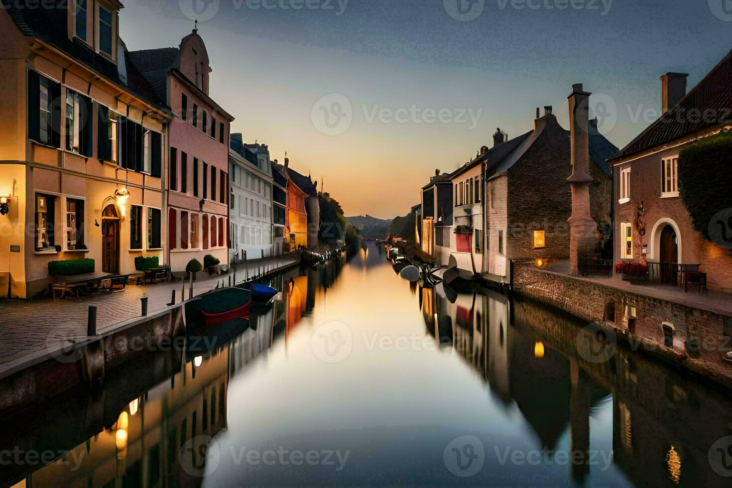 un canal en brujas, Bélgica a puesta de sol. generado por ai foto