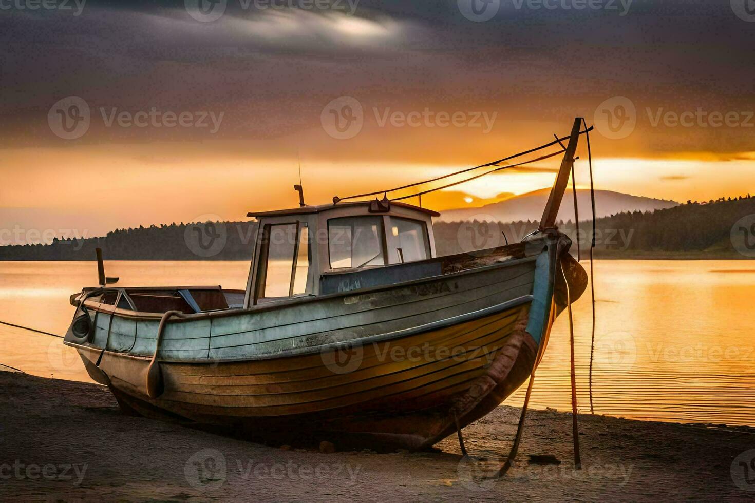 a boat sits on the shore at sunset. AI-Generated photo