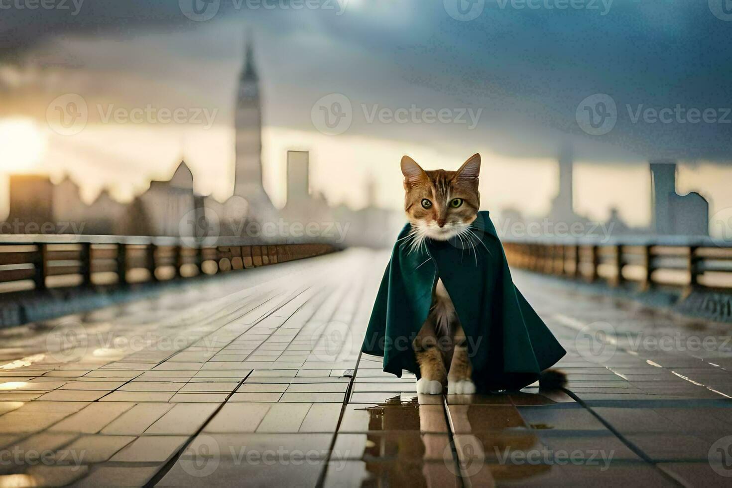 a cat wearing a cape on a bridge with a city in the background. AI-Generated photo