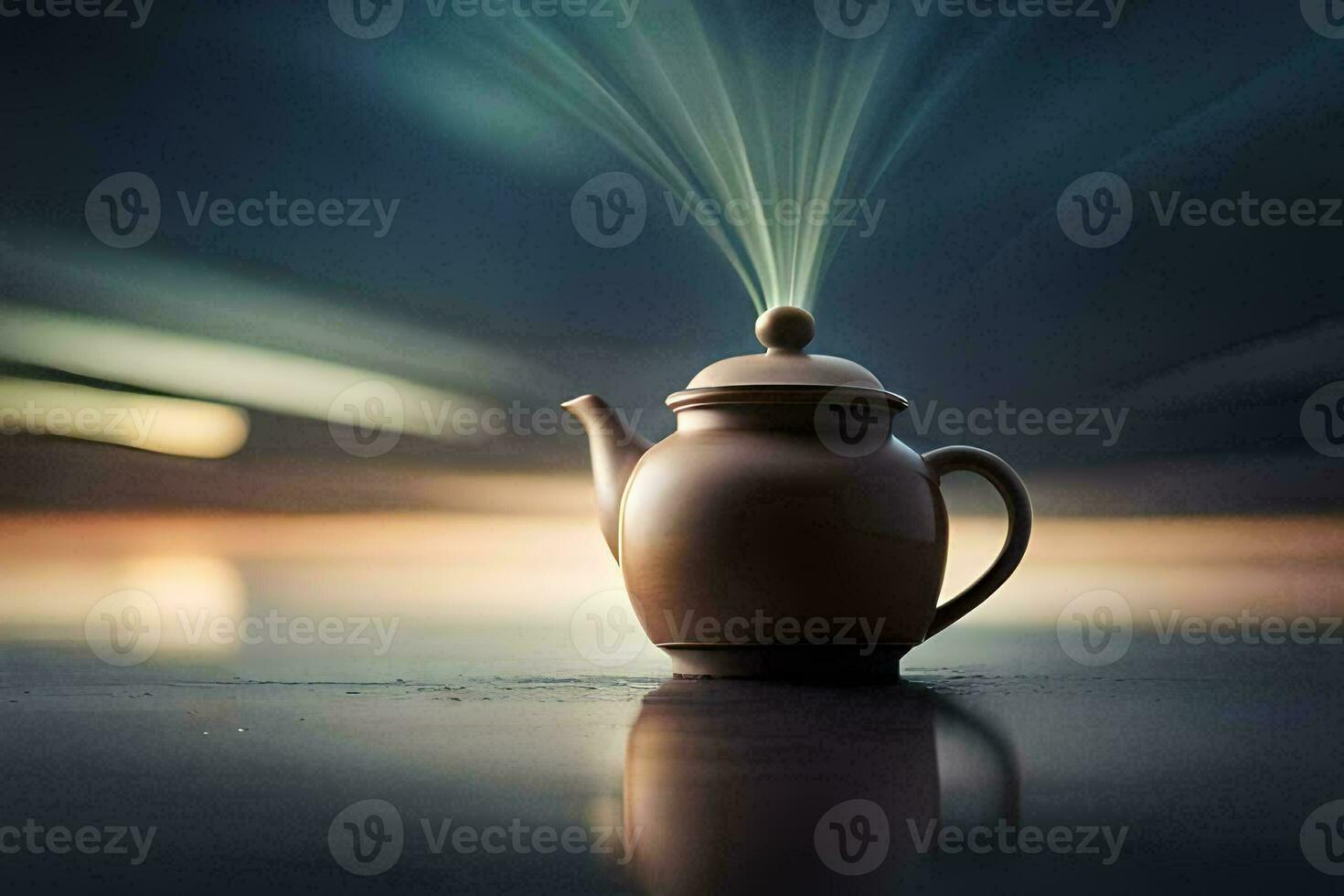 a teapot is sitting on a table with smoke coming out of it. AI-Generated photo