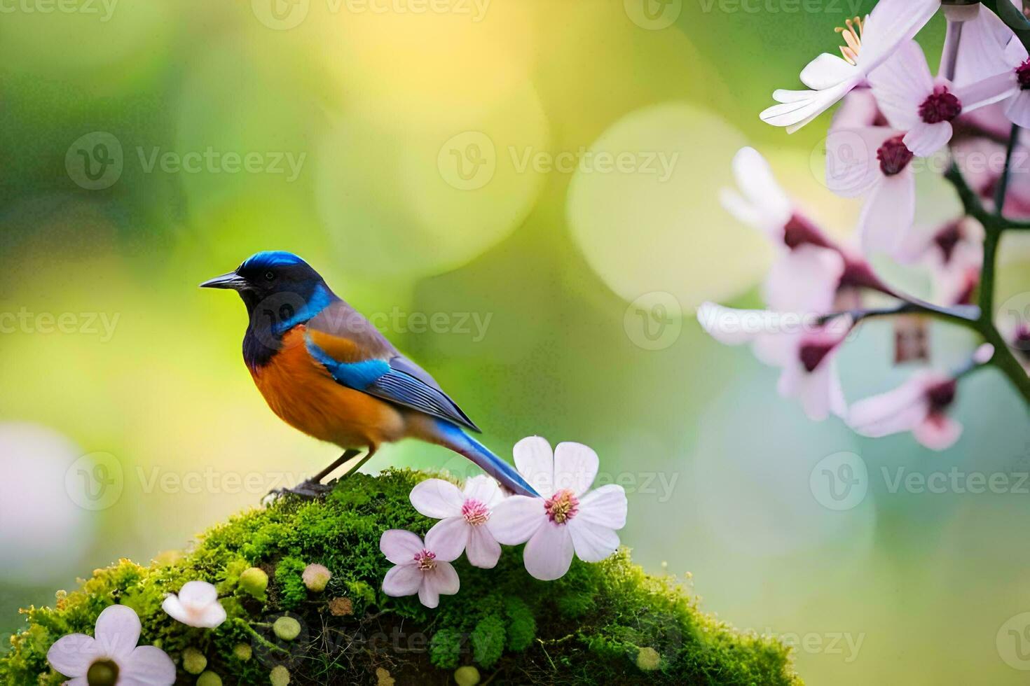 photo wallpaper the sky, flowers, bird, spring, the bird, spring, the bird,. AI-Generated