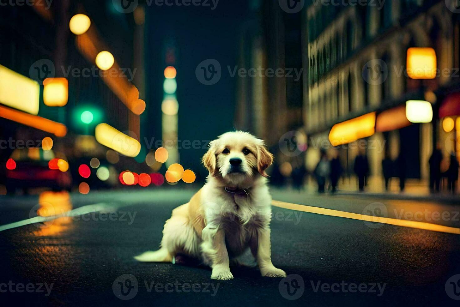 a dog sitting on the street at night. AI-Generated photo