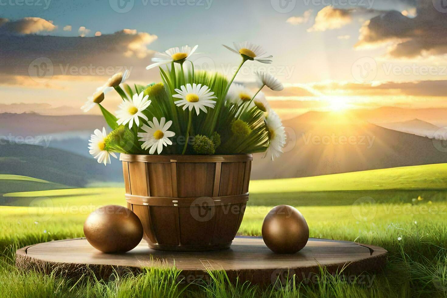 easter flowers in a basket on a hillside. AI-Generated photo