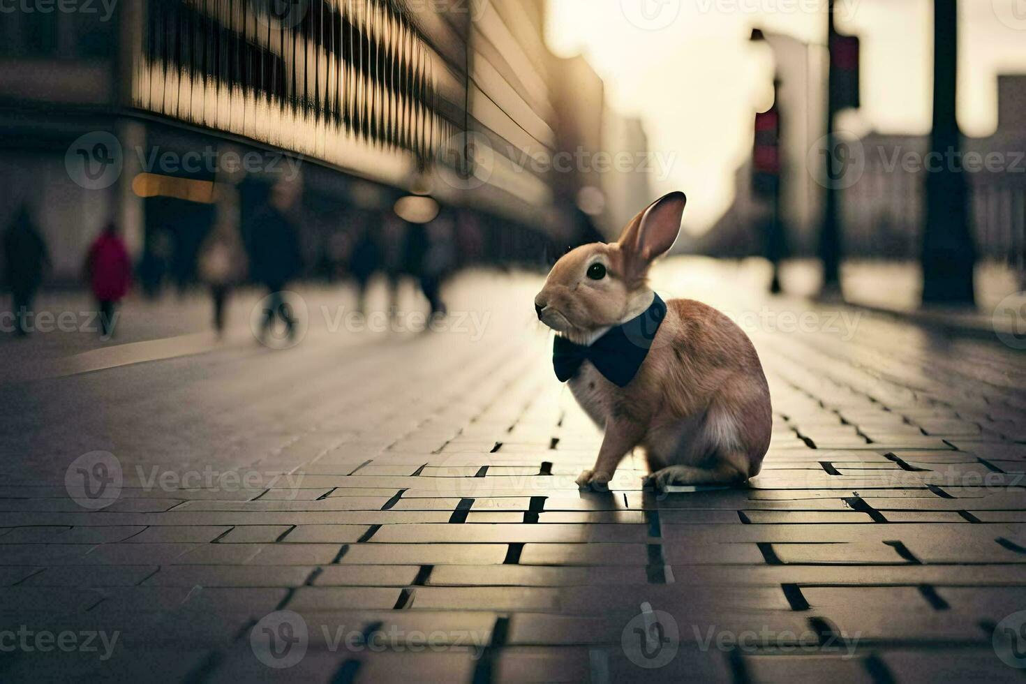 a rabbit wearing a bow tie sitting on a brick street. AI-Generated photo