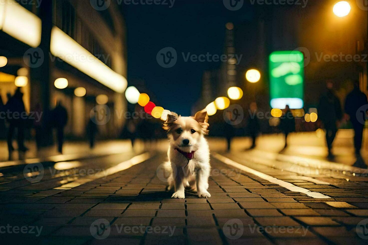 a dog standing on a street at night. AI-Generated photo