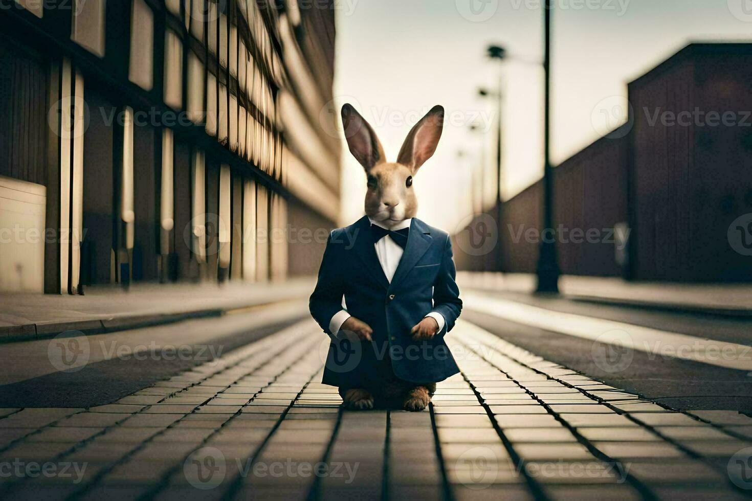 a rabbit dressed in a suit and tie sits on the street. AI-Generated photo