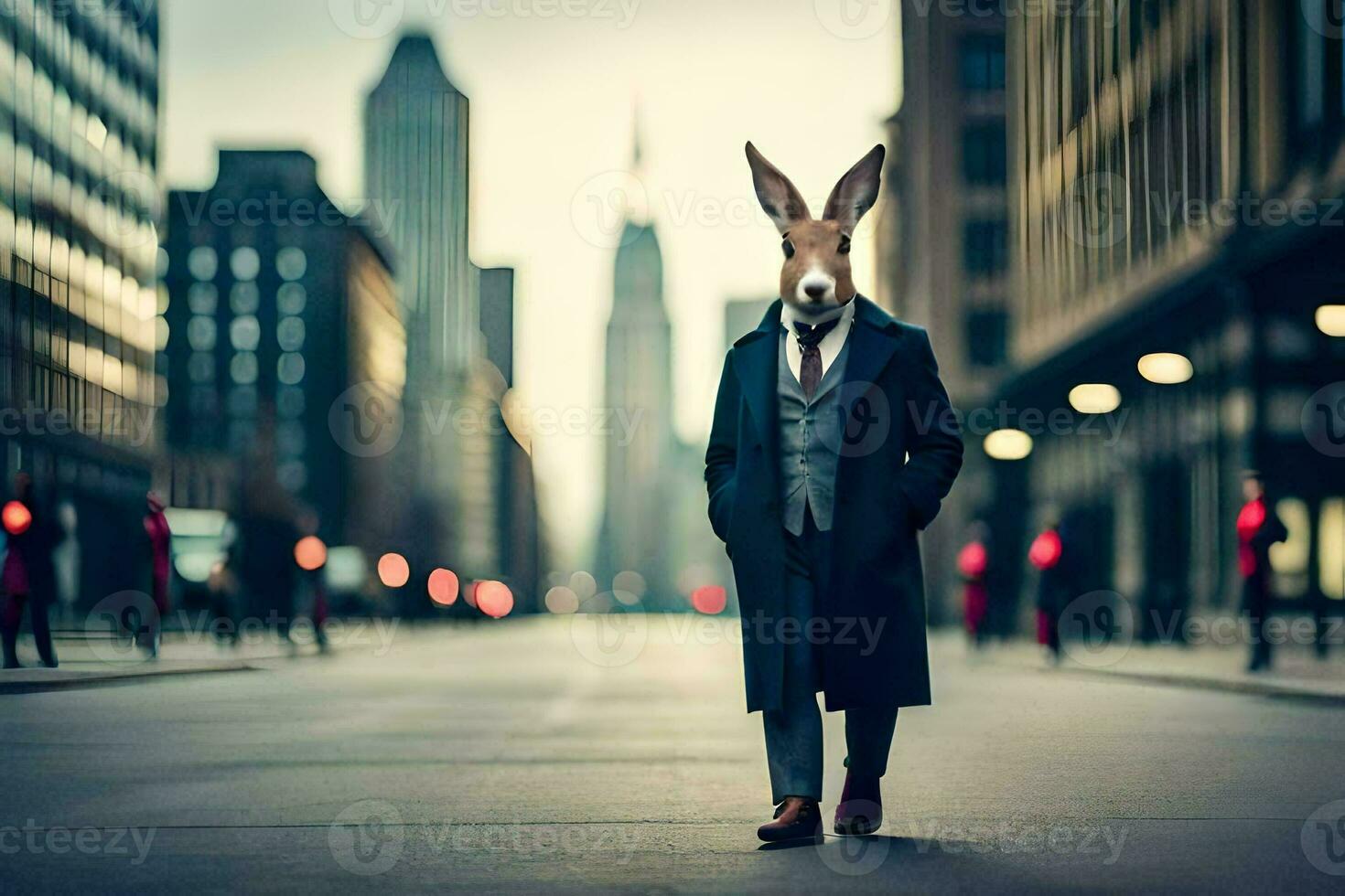 a rabbit wearing a suit and tie in the middle of a city street. AI-Generated photo