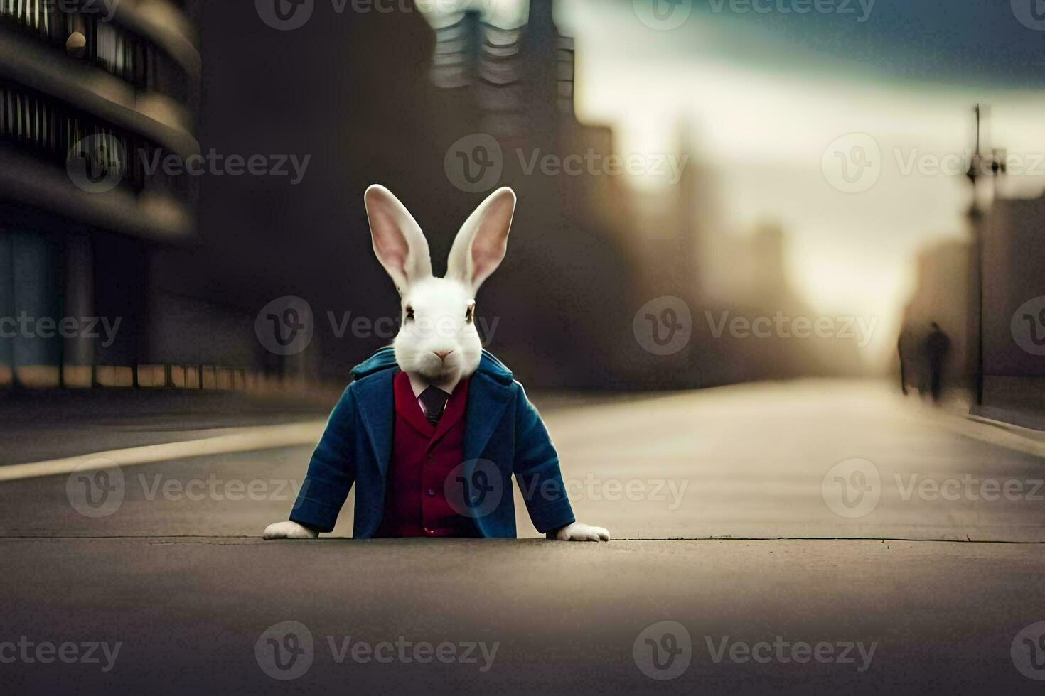 a rabbit dressed in a suit and tie stands on the street. AI-Generated photo