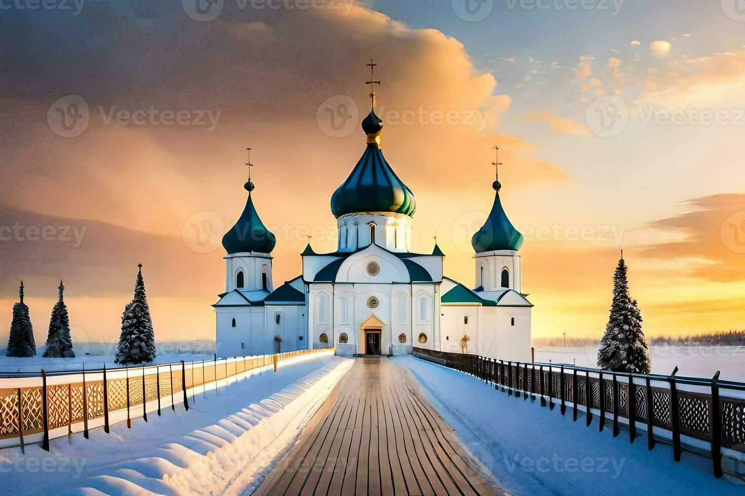 un Iglesia en el nieve con un puente. generado por ai foto