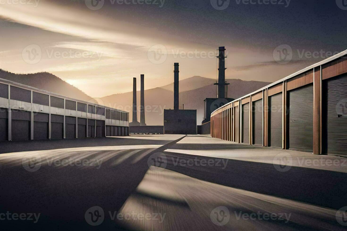 a long exposure photo of a factory building with mountains in the background. AI-Generated