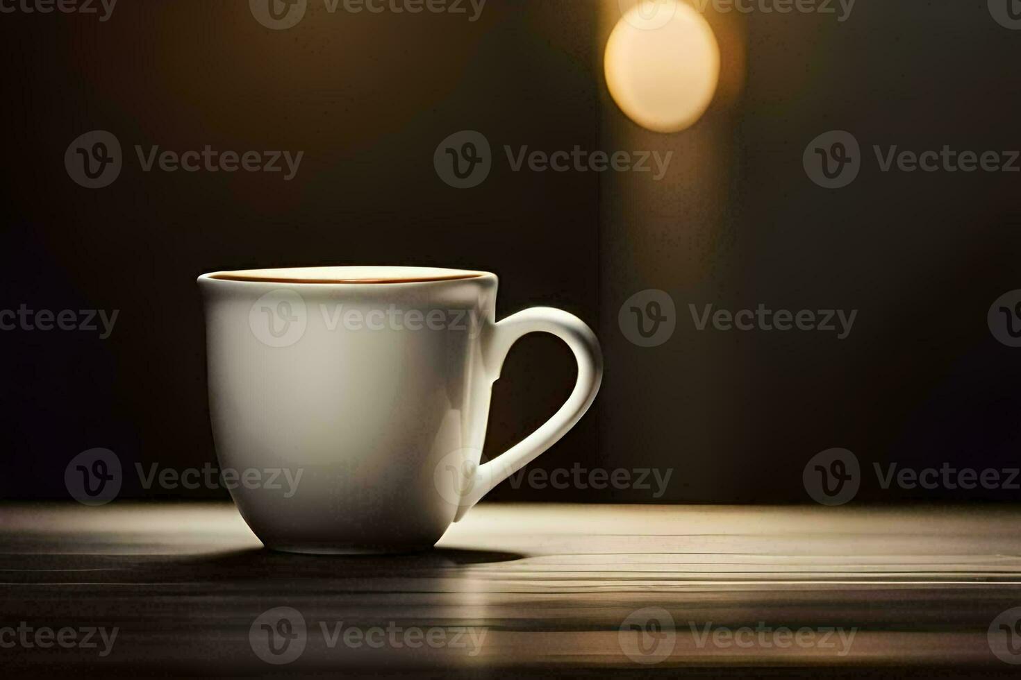 a coffee cup on a table in front of a light. AI-Generated photo