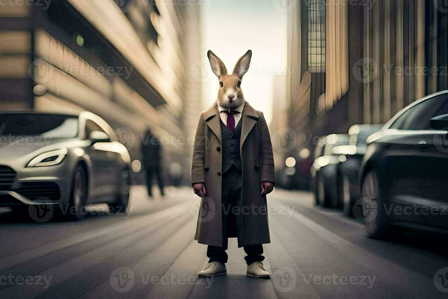 a rabbit wearing a suit and tie standing in the middle of a city street. AI-Generated photo
