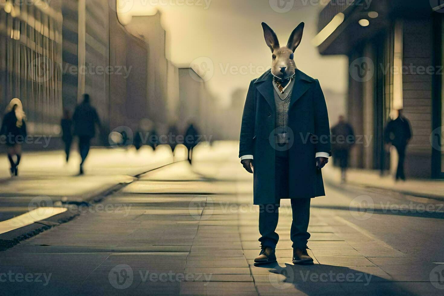 a man wearing a rabbit mask stands on a street. AI-Generated photo