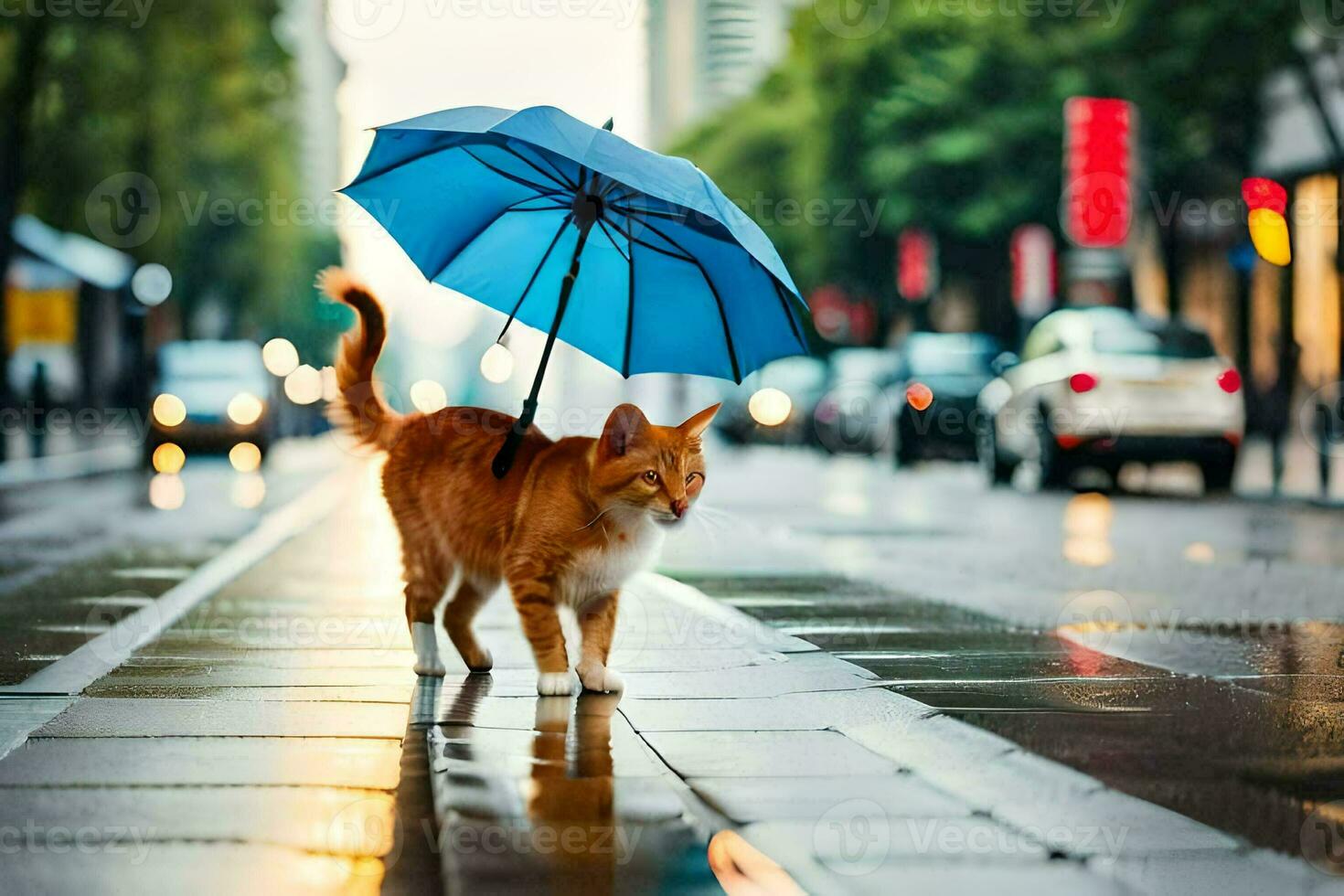 un naranja gato caminando en un mojado calle con un sombrilla. generado por ai foto