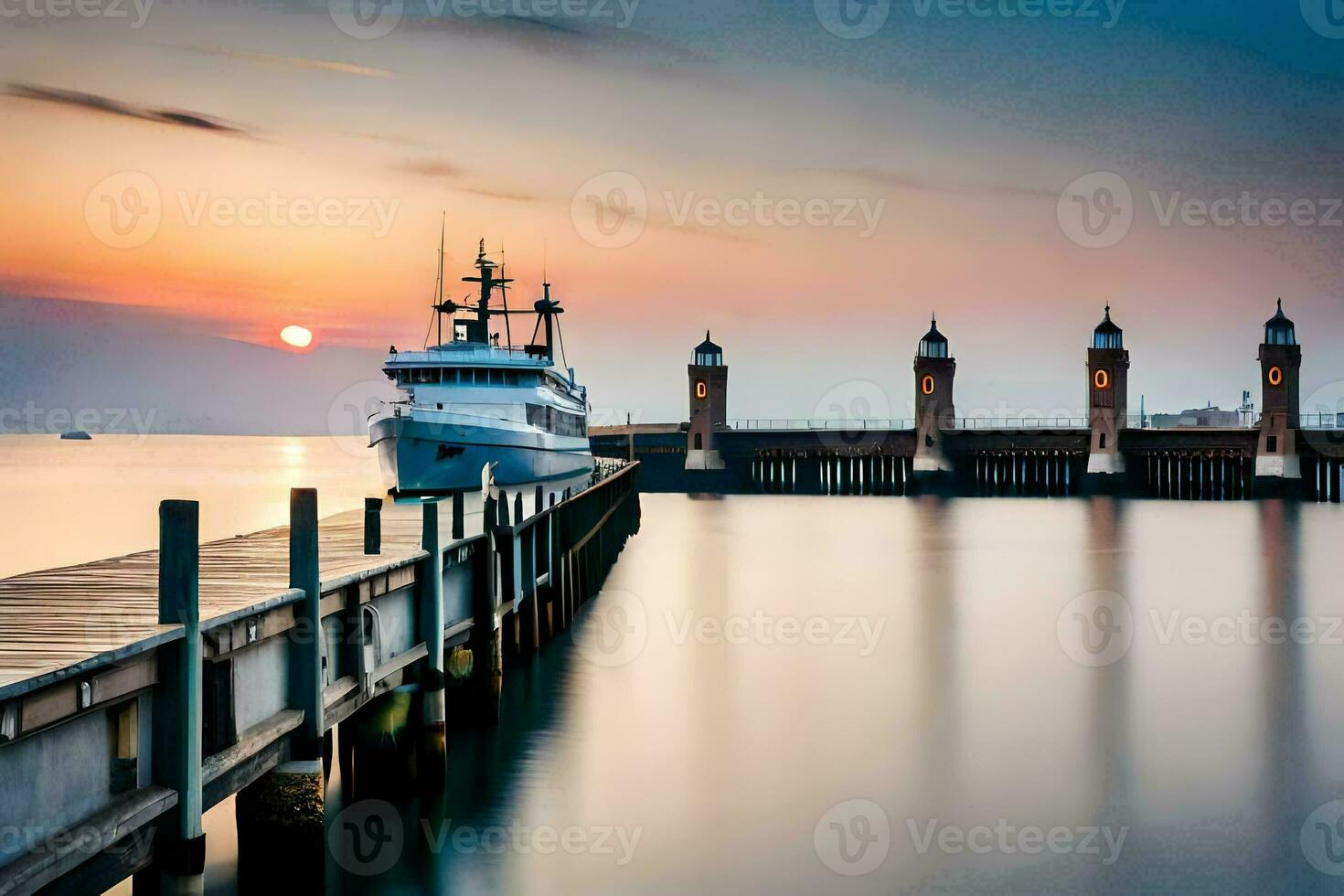 a boat docked at the pier at sunset. AI-Generated photo