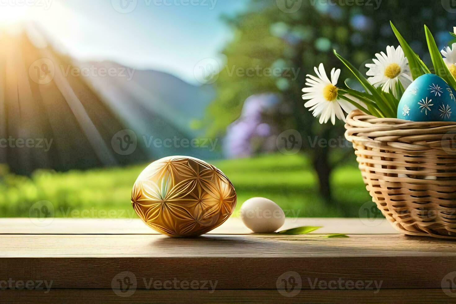 easter eggs in a basket on a table. AI-Generated photo