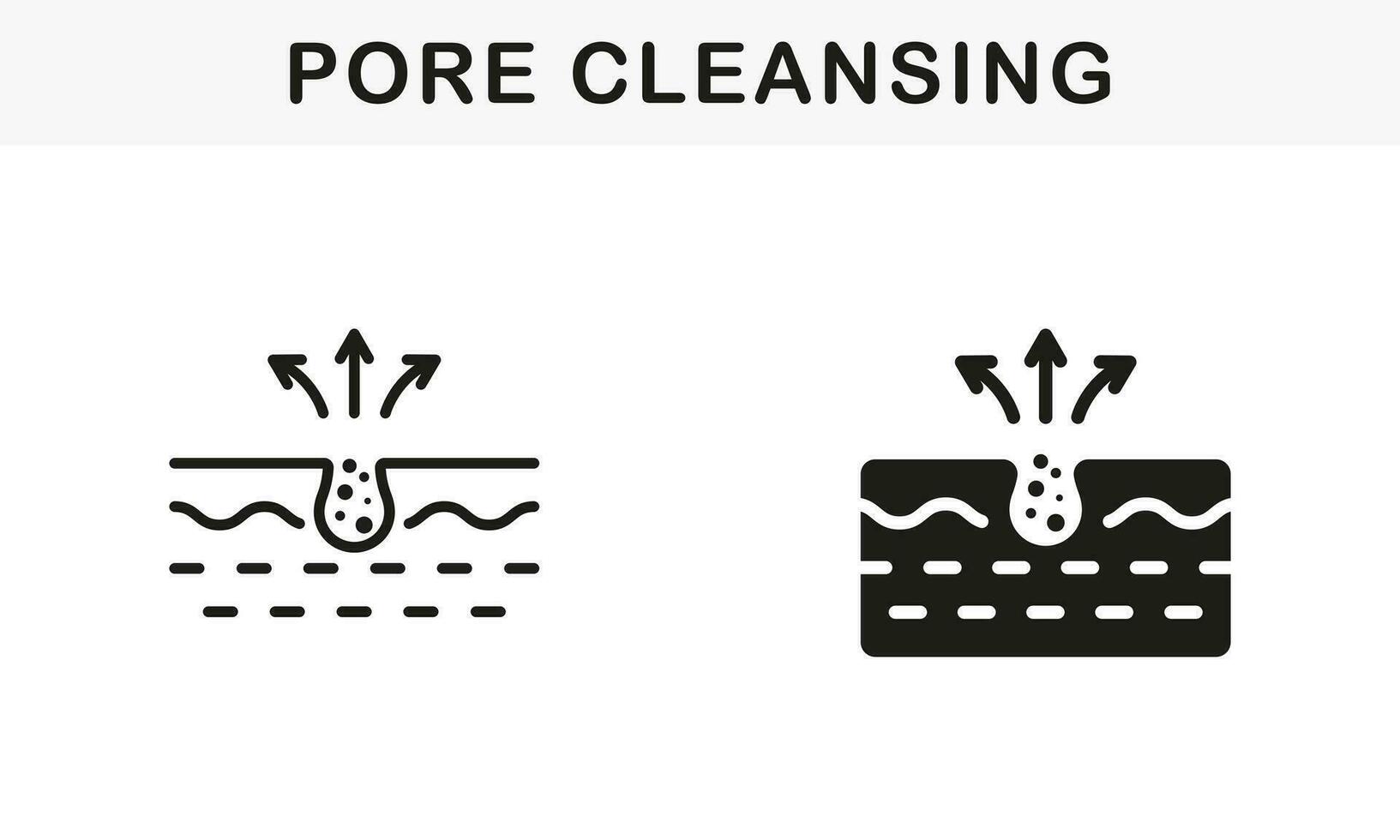 Cleansing Clogged Deep Pore Line and Silhouette Black Icon Set. Unclog Skin Face of Dirty Blackhead and Dust Symbol Collection. Facial Skin Care Pictogram. Isolated Vector Illustration.