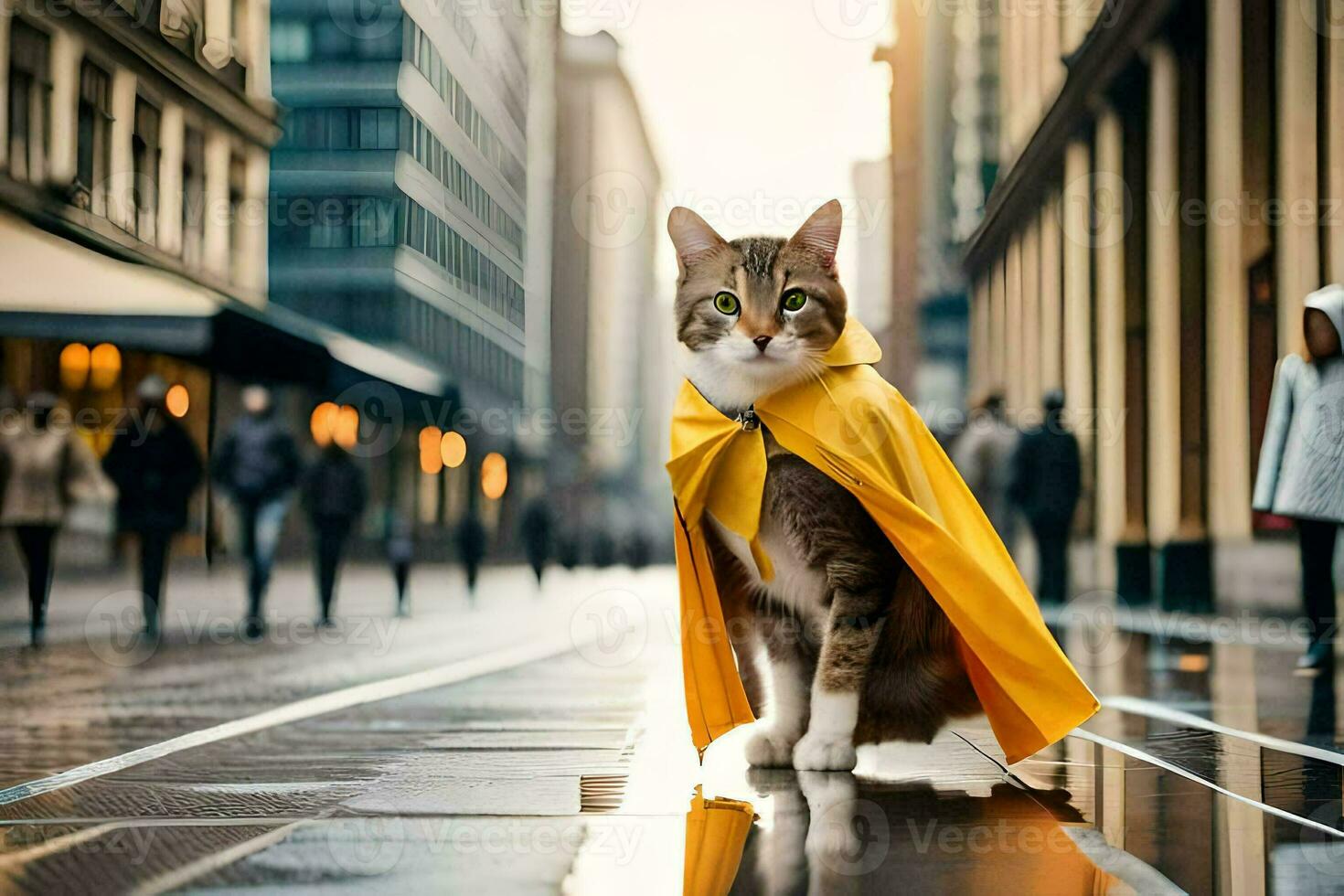 a cat wearing a yellow raincoat on a city street. AI-Generated photo