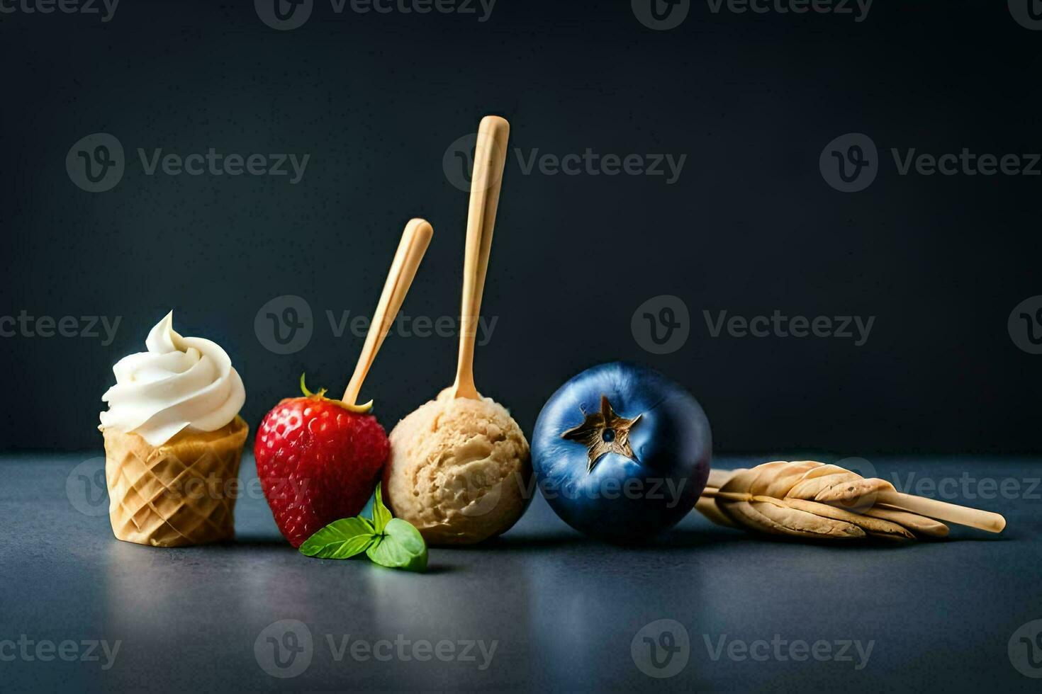 various ice cream and fruit on sticks. AI-Generated photo