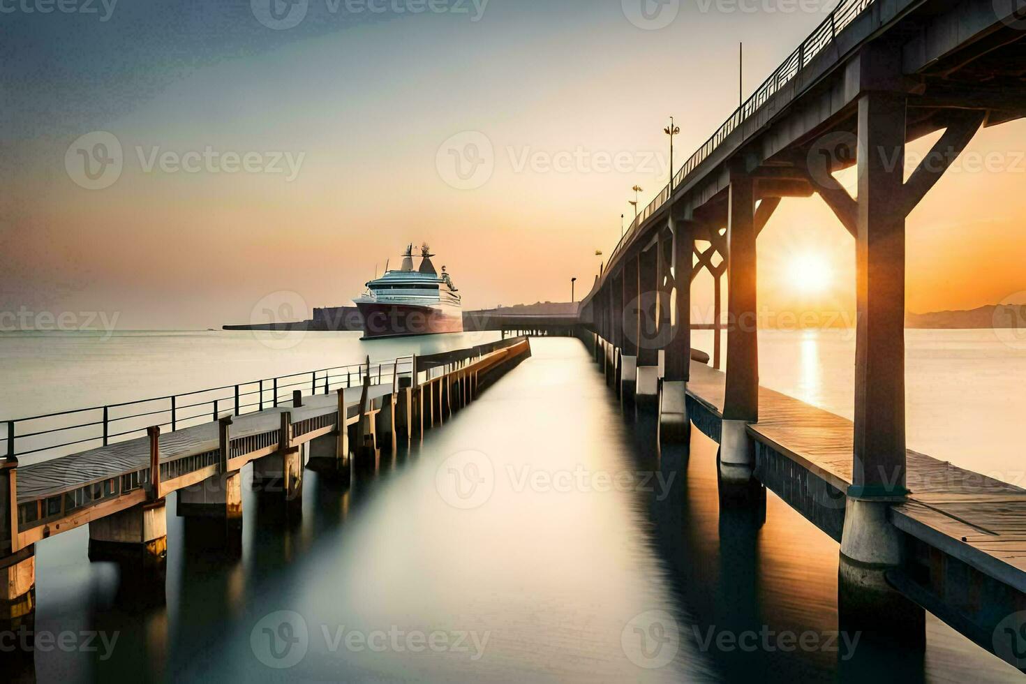 a cruise ship docked at a pier at sunset. AI-Generated photo