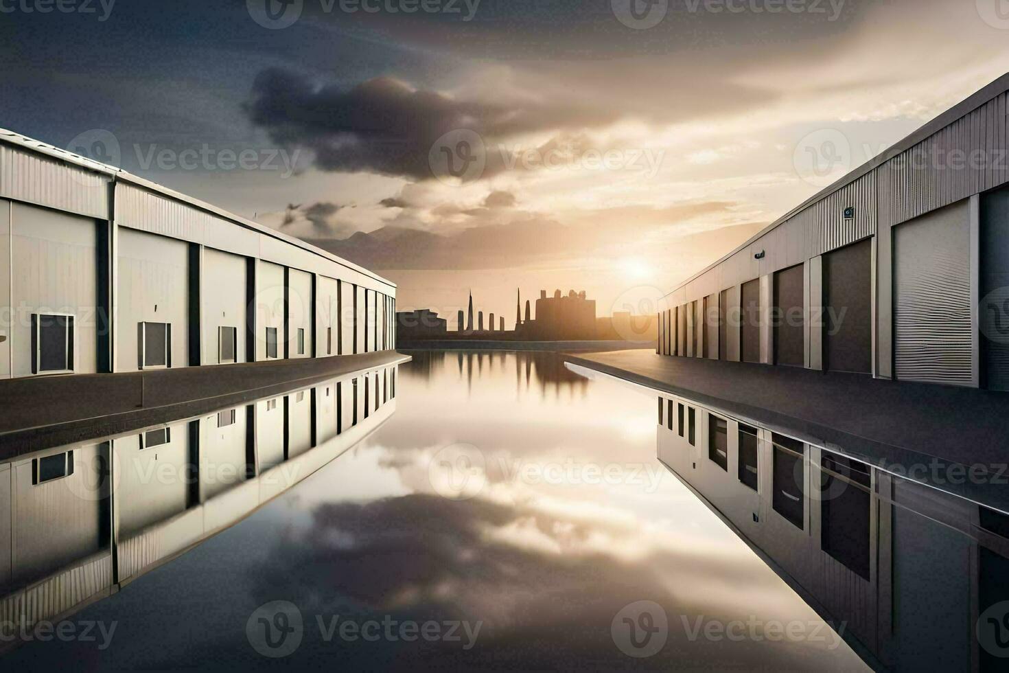 a warehouse with a reflecting pool in the middle. AI-Generated photo