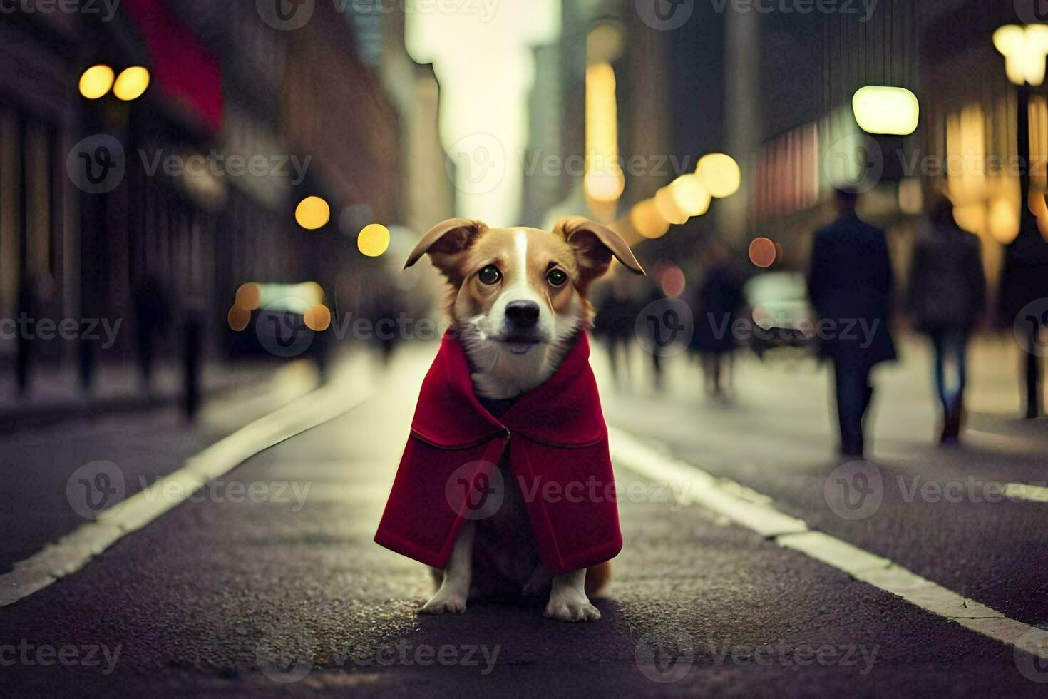 a dog wearing a red coat sits on the street. AI-Generated photo