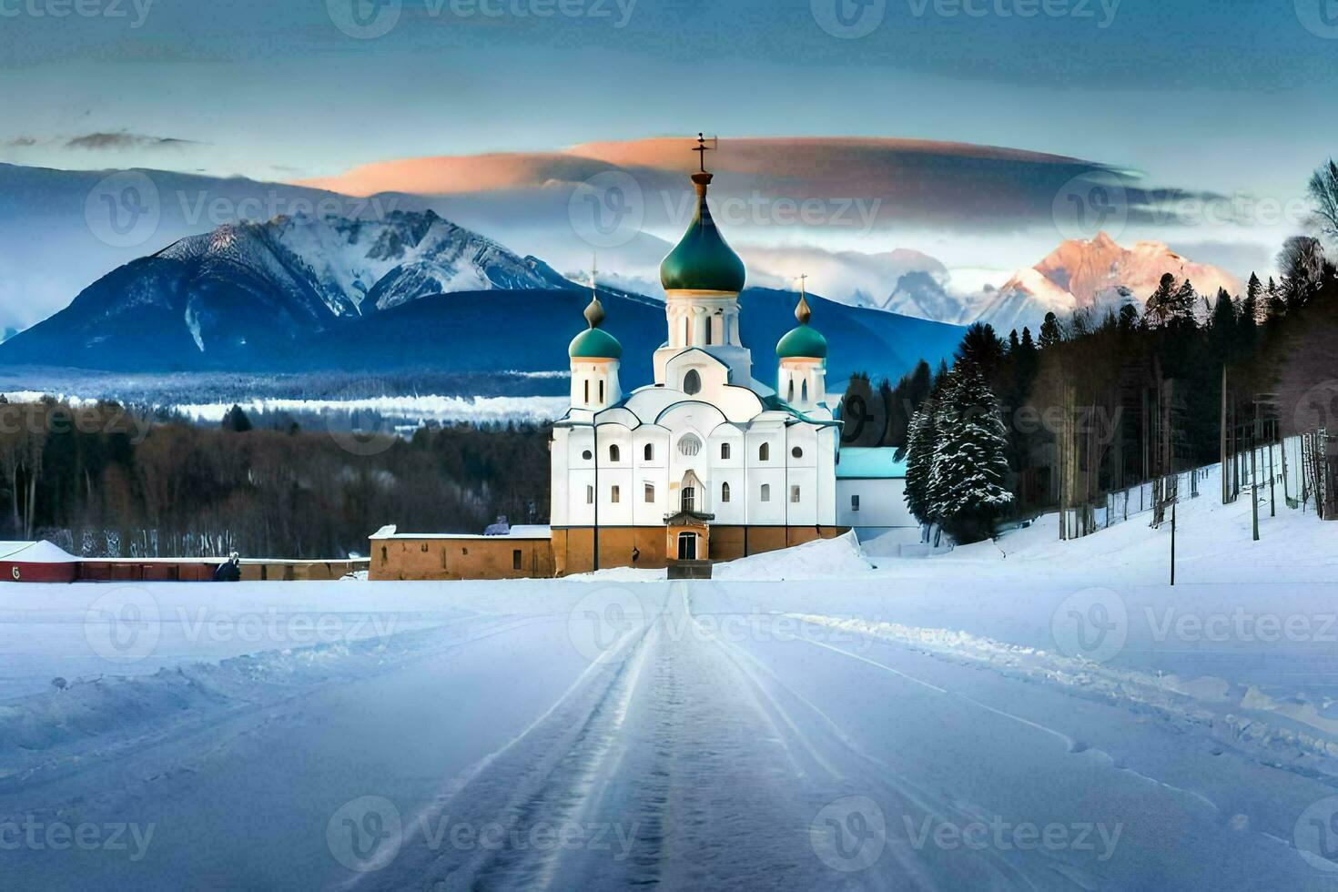a church in the snow with mountains in the background. AI-Generated photo
