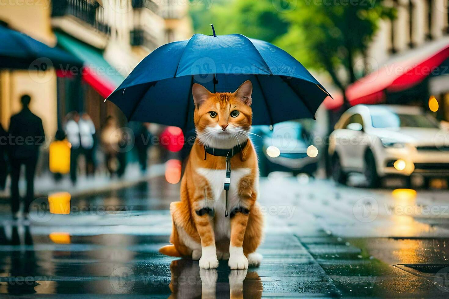 an orange and white cat is standing under an umbrella. AI-Generated photo
