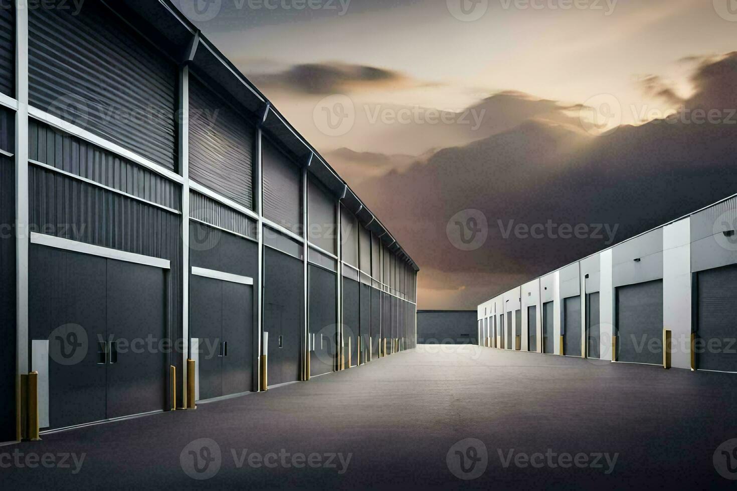 un largo fila de almacenamiento unidades con oscuro nubes en el antecedentes. generado por ai foto