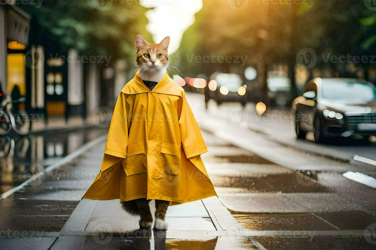 a cat in a yellow raincoat walking down a street. AI-Generated photo