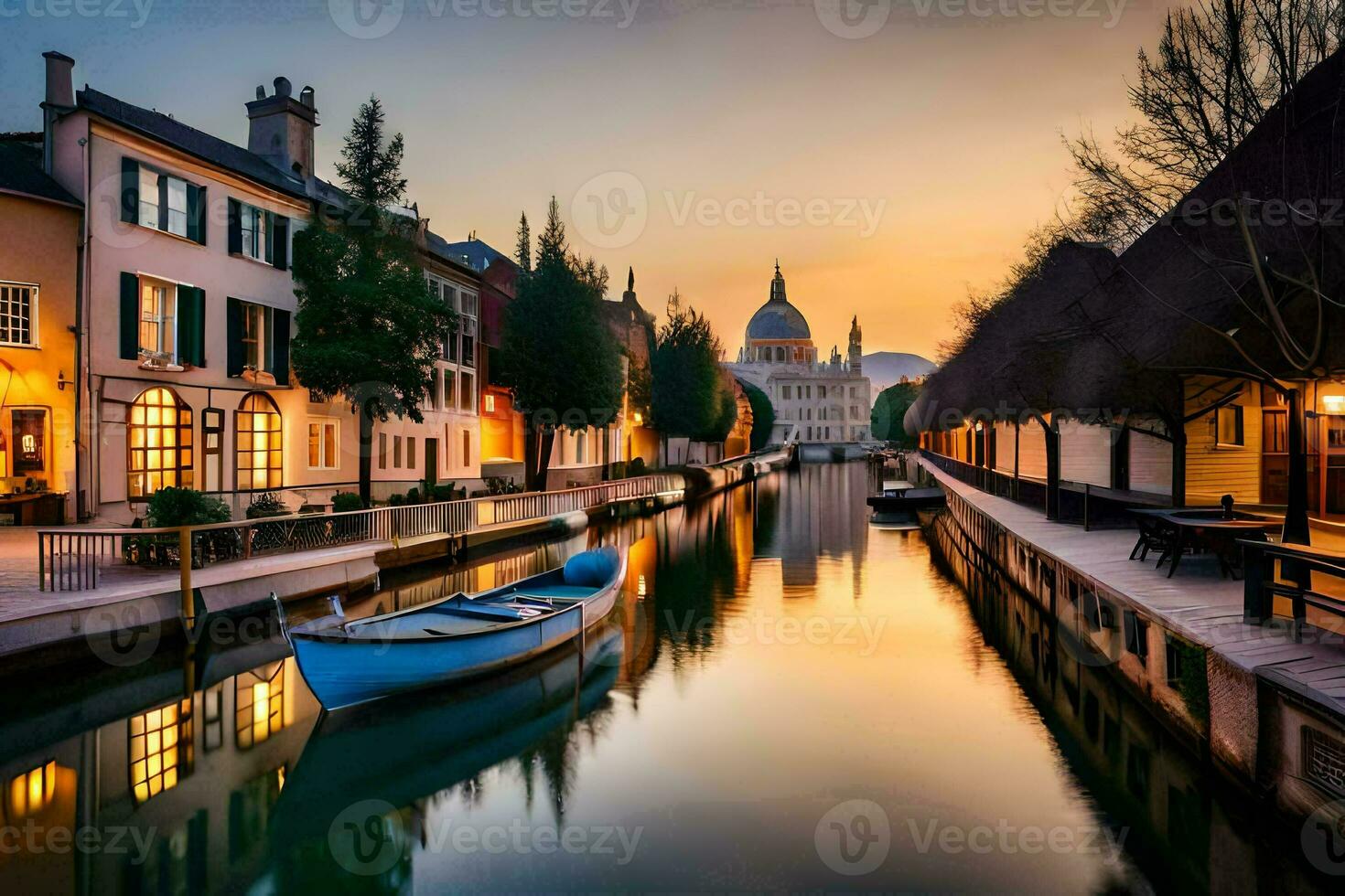 un canal en el medio de un ciudad a puesta de sol. generado por ai foto