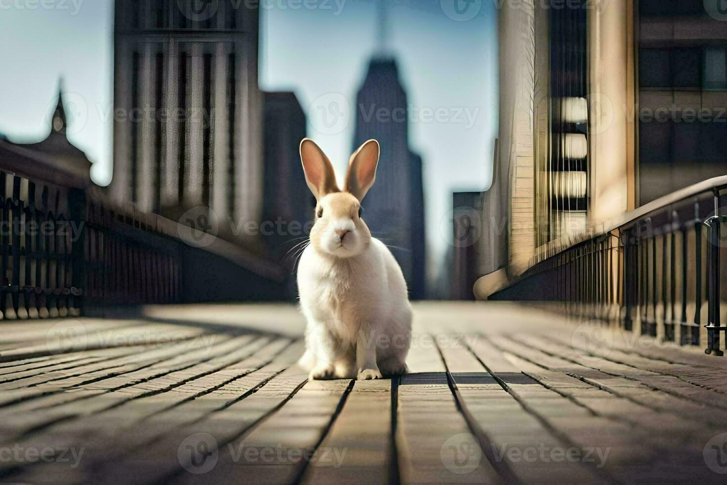 un Conejo es en pie en un de madera puente en frente de un ciudad. generado por ai foto