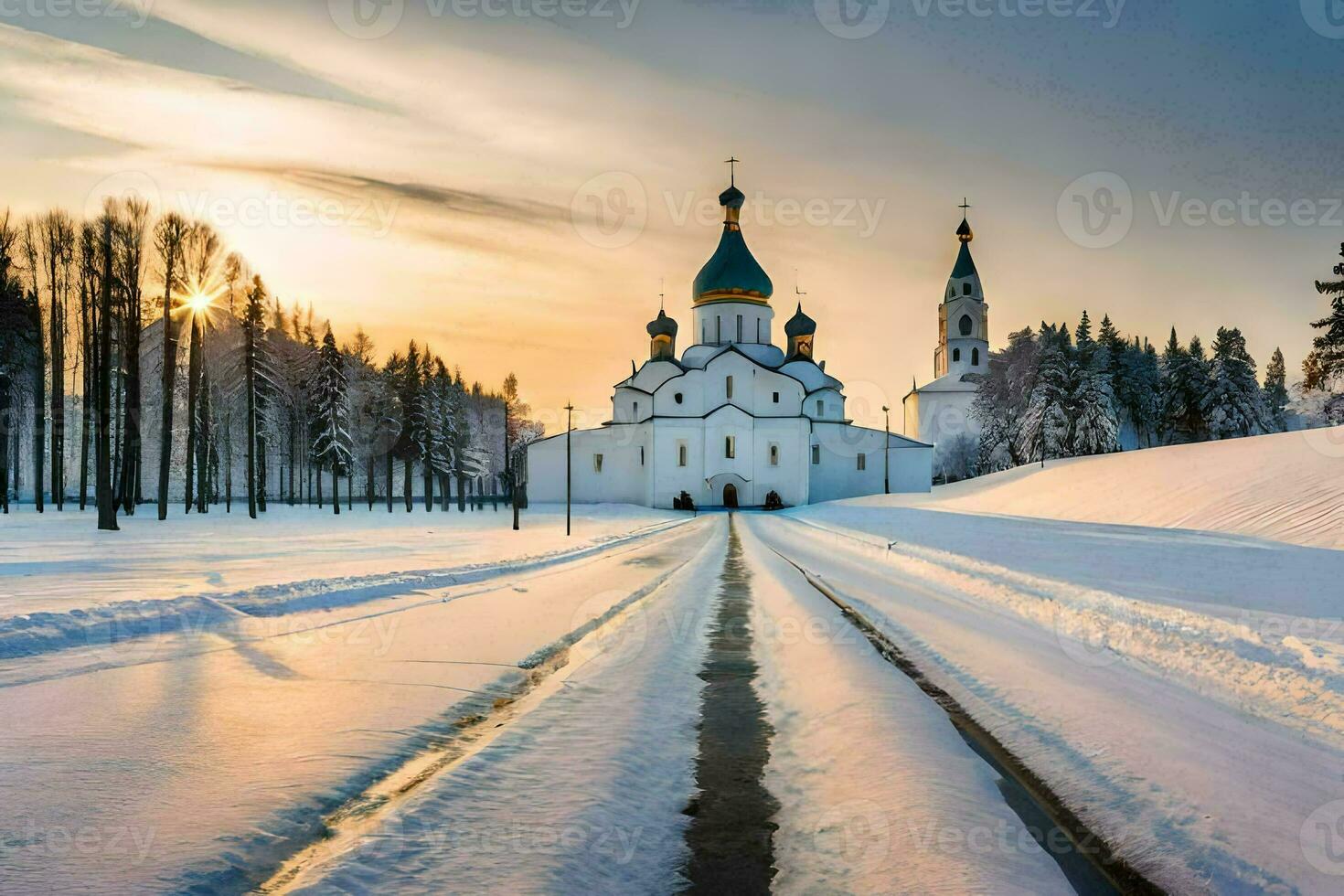 a snowy road leads to a church in the winter. AI-Generated photo