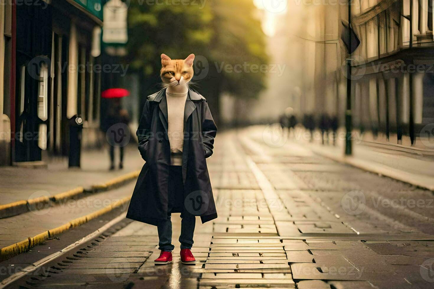 a fox wearing a coat and red shoes on a city street. AI-Generated photo