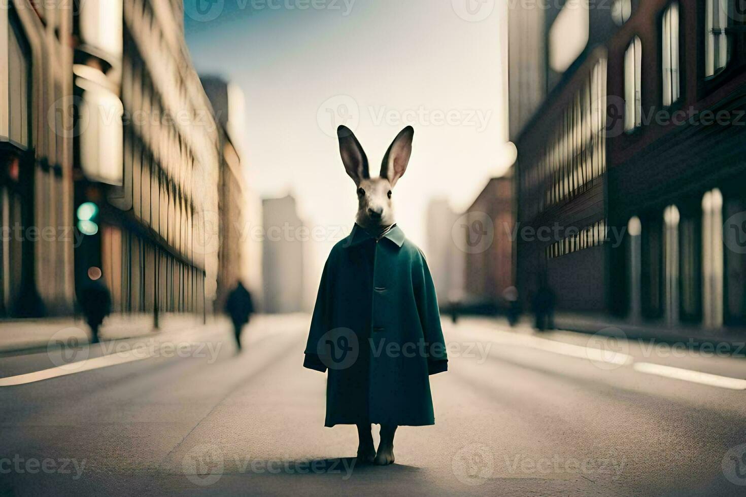a rabbit wearing a coat and standing in the middle of a city street. AI-Generated photo