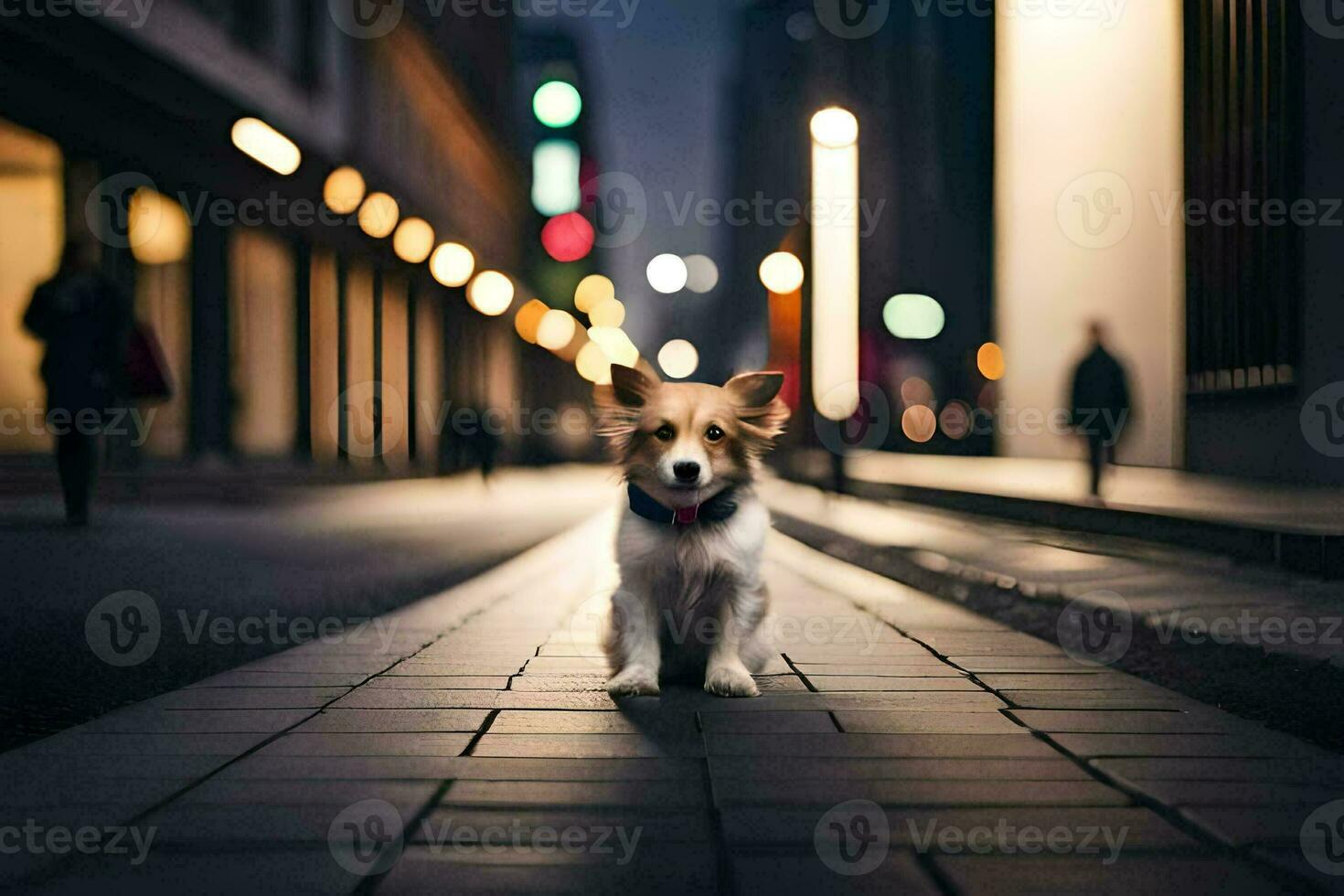 un perro en pie en un calle a noche. generado por ai foto