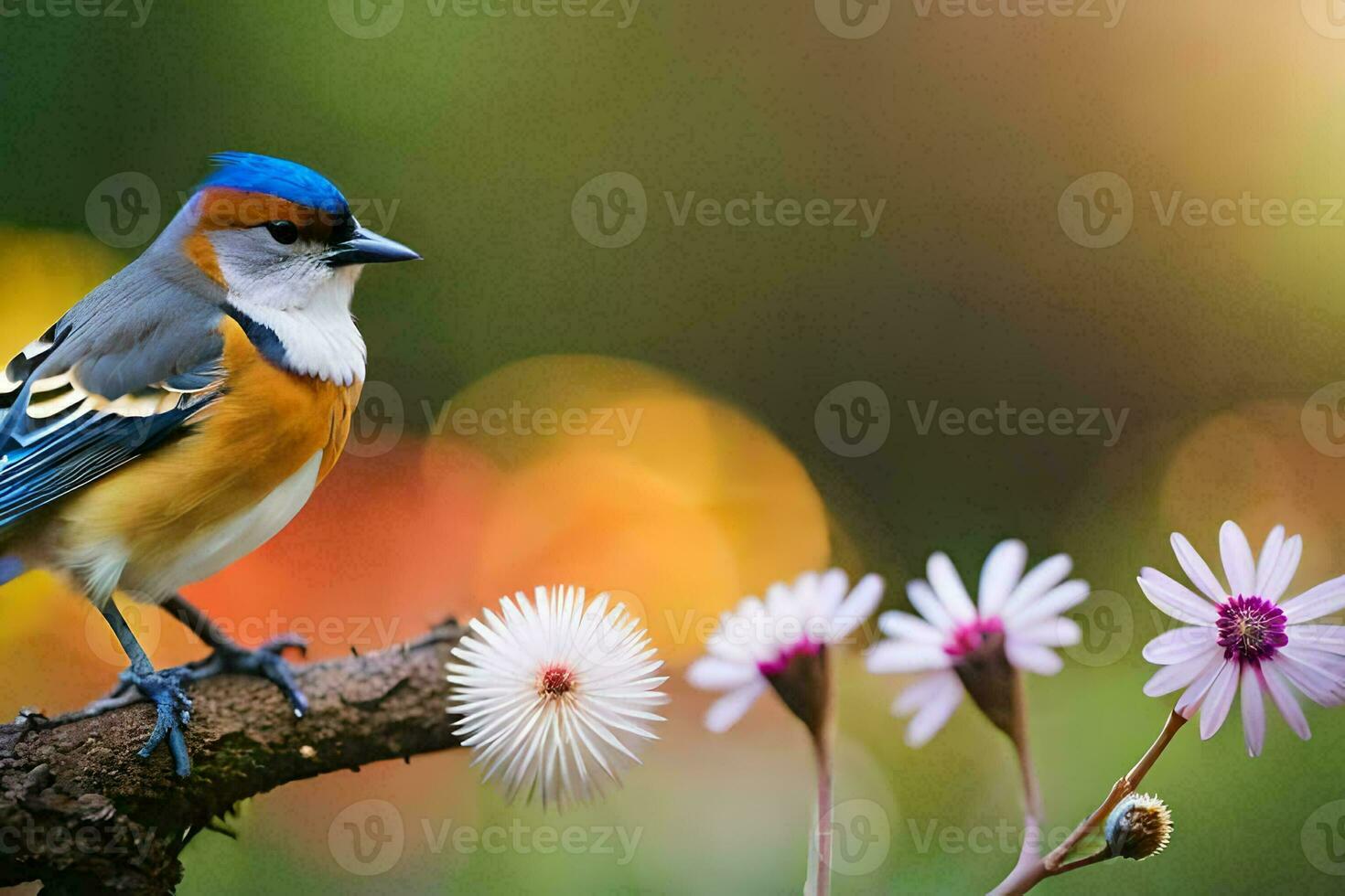 a bird is sitting on a branch with flowers. AI-Generated photo